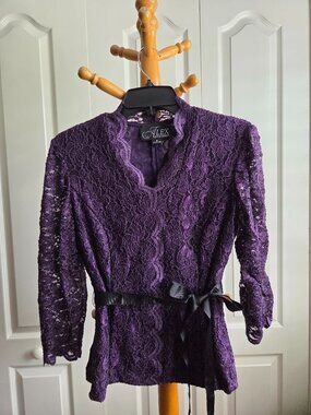 Alex Evenings Womens Top S Purple Sequin Lace Ribbon Tie Feminine Coquette Glam